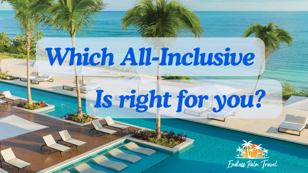 A serene beach view with crystal-clear waters and palm trees, representing the perfect all-inclusive resort for your next vacation