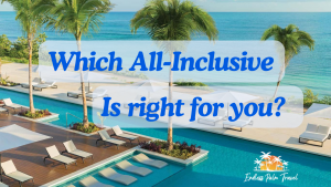 A serene beach view with crystal-clear waters and palm trees, representing the perfect all-inclusive resort for your next vacation